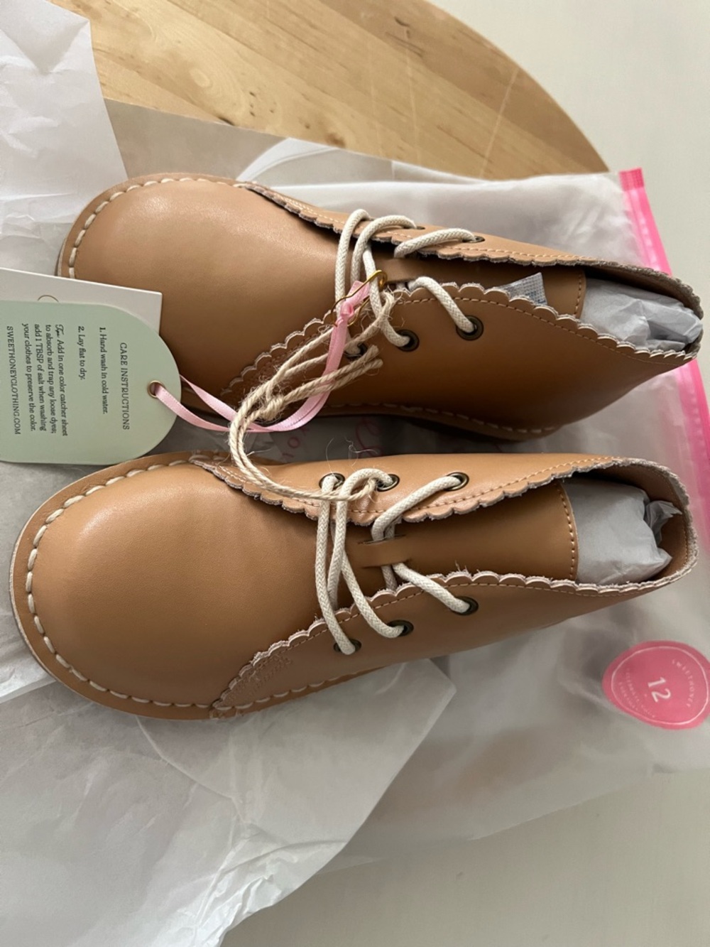 SweetHoney Kids Lace-Up Scalloped Edge Boots in Tan